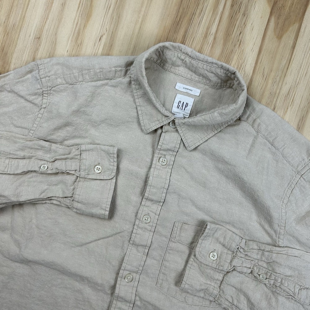 Gap Mens L Beige Linen Blend Standard Fit Long Sleeve Casual Button Up Shirt